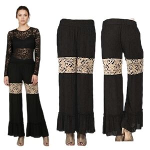 NWT A'reve Wide Leg Pants w/ Lace Trim Ruffled Bottom Black & Cream